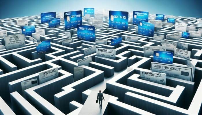 Debt Consolidation for Complex Debt Portfolios: A person overwhelmed by a maze of credit cards, loans, and finance agreements, representing complex debt in the UK.
