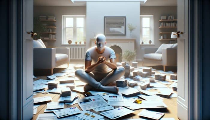 Debt Consolidation and Credit Score Myths: Person in the UK consolidating debts into one loan, surrounded by credit cards and documents, looking relieved.