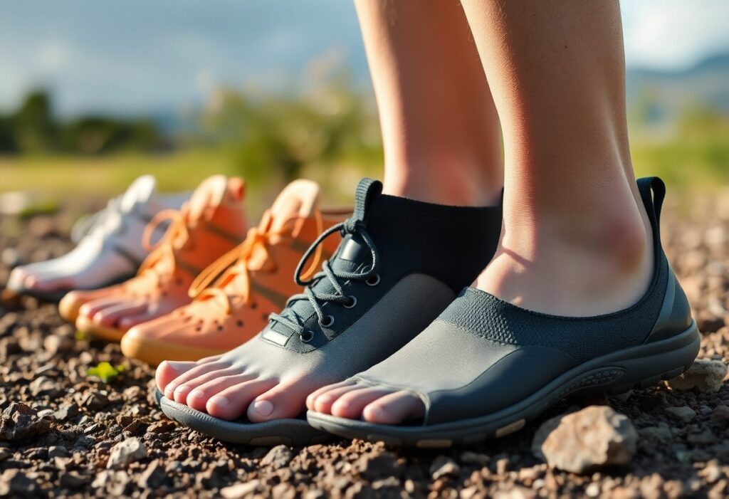 A person wearing black toe shoes stands on a rocky surface, with three more pairs of colorful toe shoes arranged in the background outdoors. The scene is well-lit with a blurred natural backdrop.
