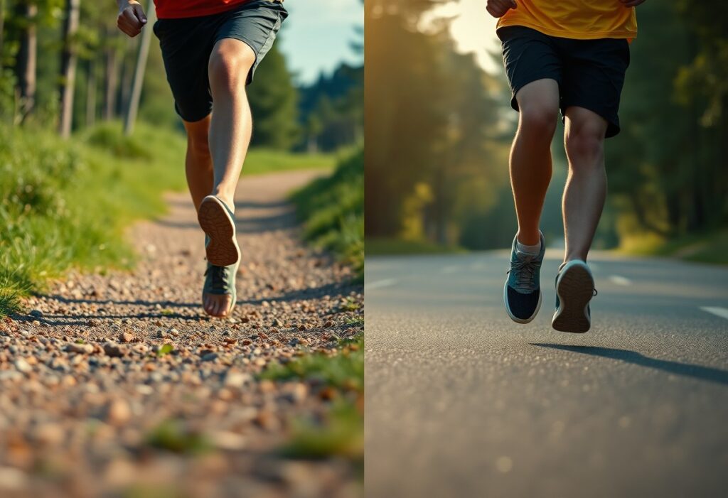 Side-by-side images show a person running on a gravel path on the left and on a paved road on the right, both in outdoor settings with trees in the background. Only the runner's legs and shoes are visible.