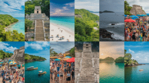 A collage of 12 photos showcasing beaches, ancient stone ruins, lush green landscapes, ocean views, festive crowded markets, boats on water, and people enjoying sandy shores under sunny and partly cloudy skies—perfect for a comprehensive Belize travel guide.