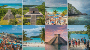 A collage of eight images showing ancient Mayan ruins, crowded beaches, crystal-clear turquoise water, vibrant marketplaces with colorful umbrellas, tourists enjoying the scenery, and tropical landscapes under sunny and partly cloudy skies of Belize.
