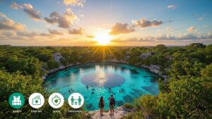 Two individuals stand at the edge of a vibrant green lagoon with transparent blue water at sunset. Swimmers relish the breathtaking scene, while small buildings are nestled among the trees. Four icons indicating Belize safety are displayed in the bottom left corner.