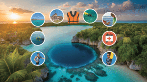 Aerial view of a stunning blue lagoon in Belize, embraced by lush greenery and cliffs, featuring icons for a house, life vest, snorkel gear, fish, lifebuoy, medical kit, jogging woman, and man drinking water—your ultimate Belize travel guide.