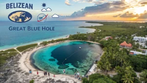 Aerial view of the Great Blue Hole near the coast with people enjoying the water, surrounded by lush greenery. Text on the image reads "BELIZEAN GREAT BLUE HOLE" with an illustrated map, sun, clouds, and an airplane—ideal for your Belize travel adventures.