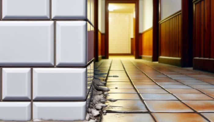 Bright white grout lines in a modern UK kitchen, contrasting with neglected, discolored hallway grout.