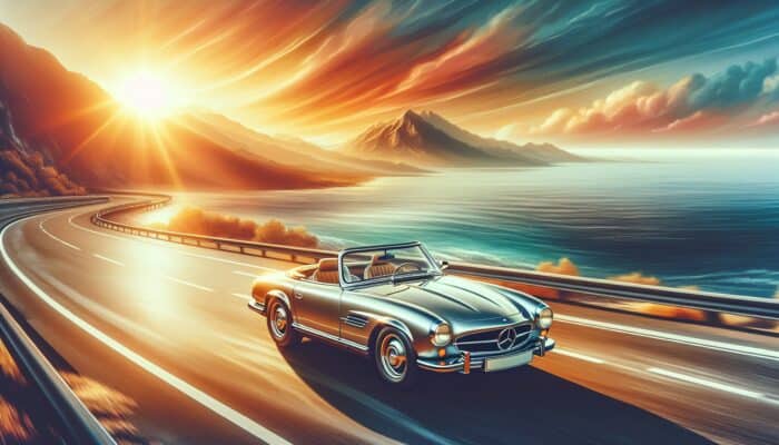A convertible car on a scenic coastal highway at sunset, symbolizing travel freedom and spontaneity.