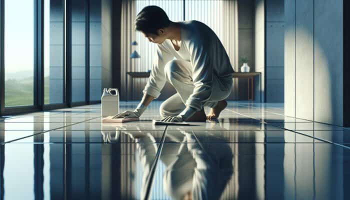 A clean, shiny ceramic tile floor with a person using a gentle cleaning solution and soft cloth.