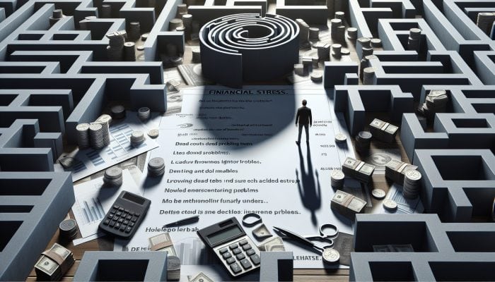 Debt Consolidation Loan Interest Rate Traps: A person navigating a complex maze with paths labeled with escalating interest rates, leading to a dead end under a shadow of stress.