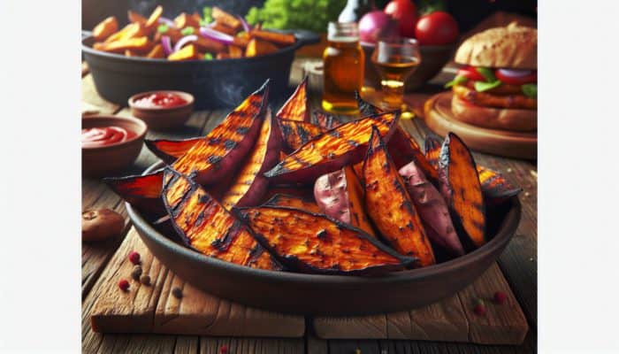 Smoked Sweet Potato Wedges: Crispy smoked sweet potato wedges on a rustic table during a lively cookout.