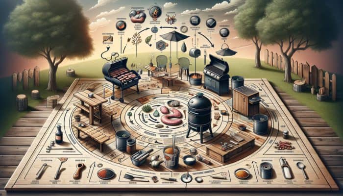 Infographic depicting steps to prepare smoker: cleaning, seasoning, temperature settings in a rustic outdoor environment.