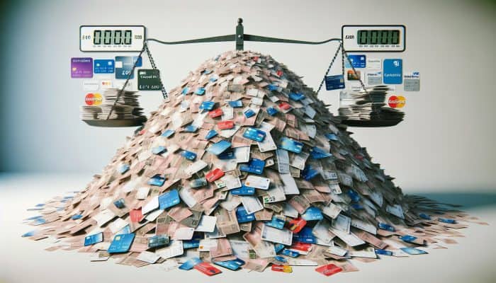 The Future of Debt Consolidation Loans: A scale balancing credit cards, loans, and consolidation loans against £1.7 trillion UK household debt.