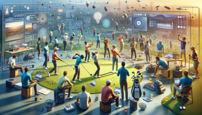 South African golfers utilizing laptops and smartphones, engaging in a community forum with local expert support for swing analysis.
