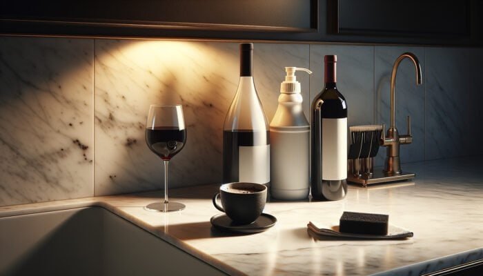 Luxurious marble countertop showcasing wine, coffee, and cleaning products, highlighting stain prevention.