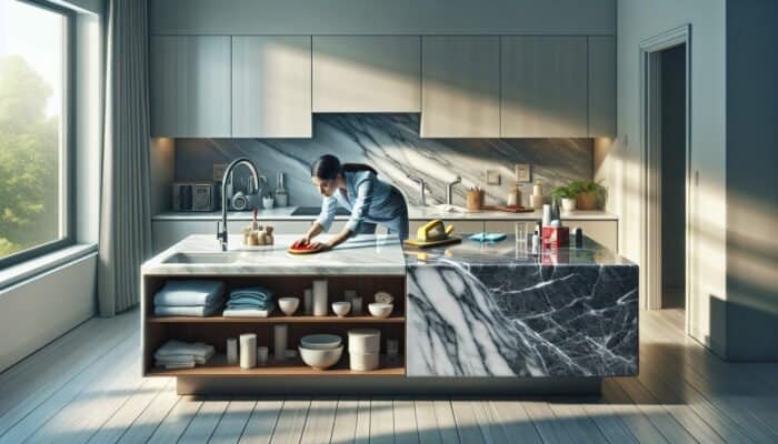 A professional polishing marble in a modern UK home, demonstrating well-maintained vs. neglected marble for cost-effective maintenance.