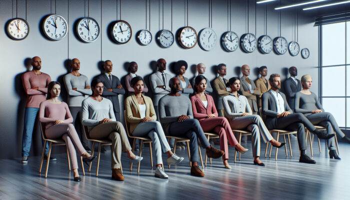 Diverse group of individuals waiting in an office with permit applications and clocks indicating various times.