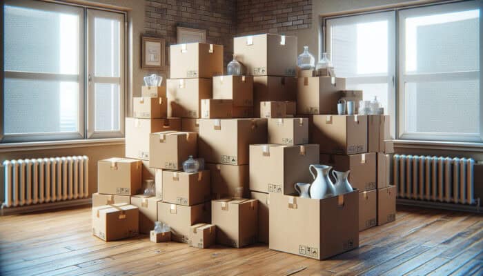 Sturdy double-walled cardboard boxes containing glassware and porcelain, prepared for packing and moving.