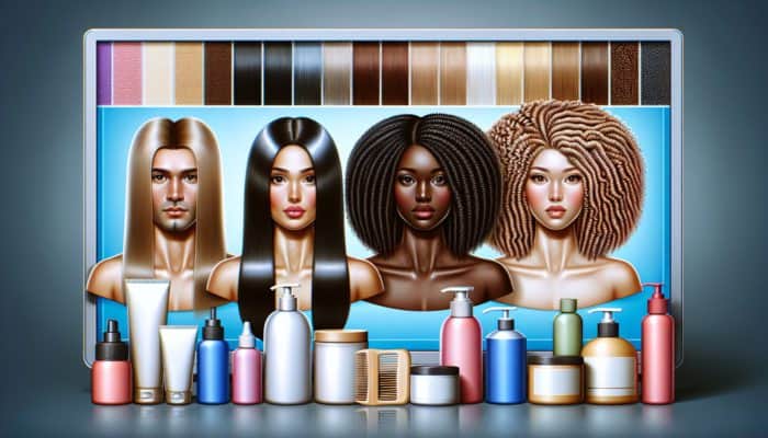 A diverse group showcasing straight, wavy, curly, and coily hair types along with various hair care products.