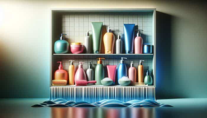 A vibrant selection of moisture-rich hair products displayed on a modern bathroom shelf, promoting hair health.
