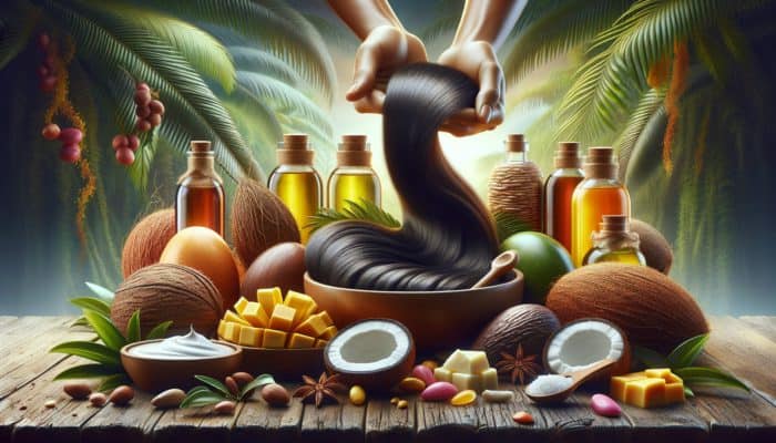 Natural oils and butters like argan, jojoba, coconut, shea, and mango nourishing and moisturizing various hair types.
