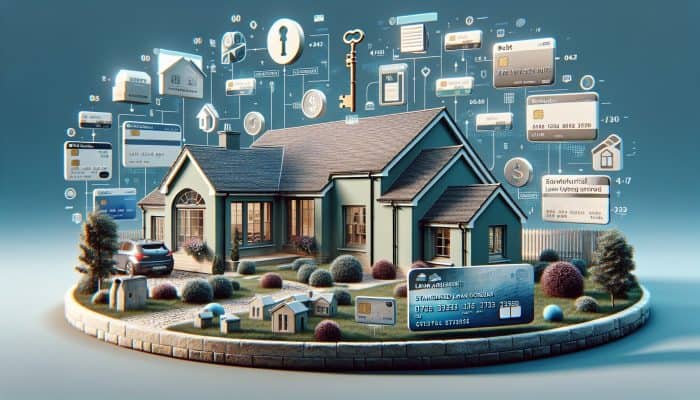 Debt Consolidation Loan Prepayment Techniques: A Comprehensive Guide | DCL A modern UK home with a key symbolizing equity, surrounded by debt icons merging into a single, lower-interest loan document.
