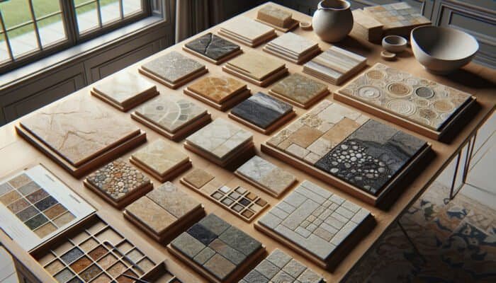 Limestone flooring samples on a wooden table, highlighting Cotswold, Yorkshire, and Jurassic varieties.