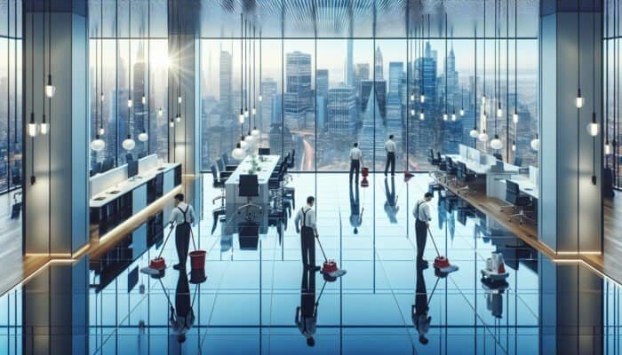 A sparkling office with professional cleaners at work, showcasing a city skyline reflection.