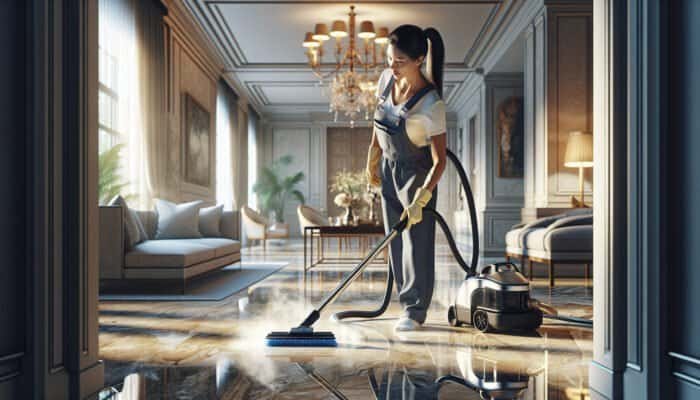 Professional cleaner steam cleaning and crystallizing limestone floors in an upscale home, boosting sheen and durability.
