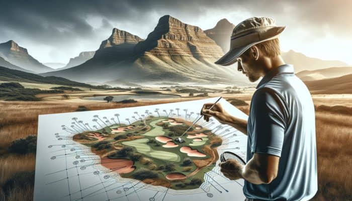 Golfer studying Gary Player Country Club map, highlighting elevation changes and water hazards for strategic play.