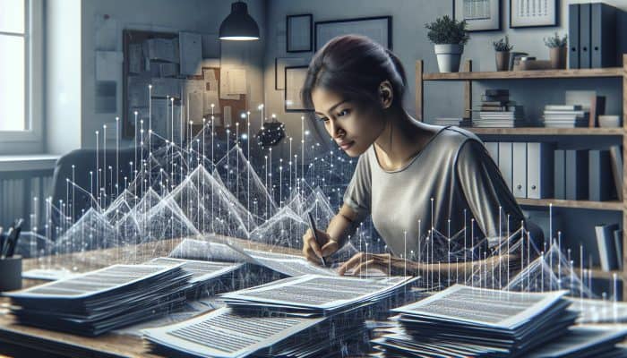 A person analyzing a financial chart and debt documents in a home office.