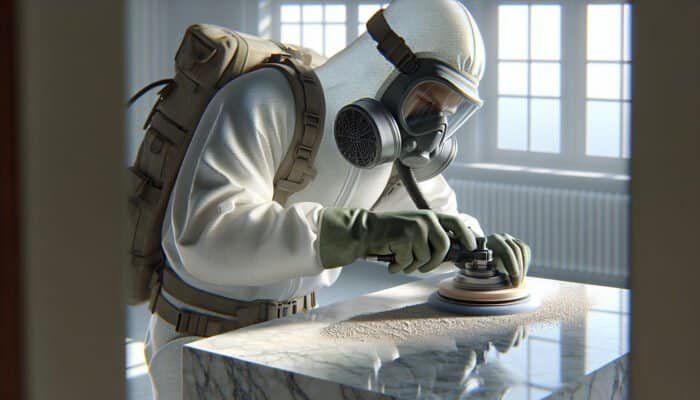 Person in protective gear polishing limestone with powder in a well-ventilated area for a glossy finish.