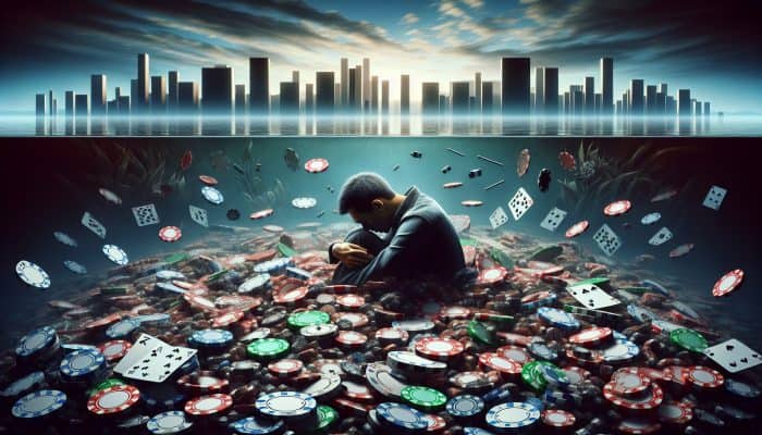 Debt Consolidation for Gambling Debts: A distressed person amidst gambling items, with a shadowy cityscape background, symbolizing UK gambling addiction and debt.