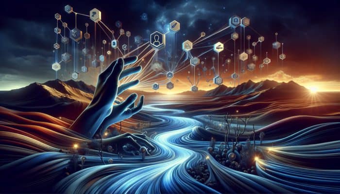 Hands reaching for luminous streams of light representing the concept of link equity within a digital environment.