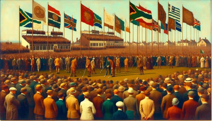 Historical scene from the 1903 South African Open featuring diverse players and a lively crowd.