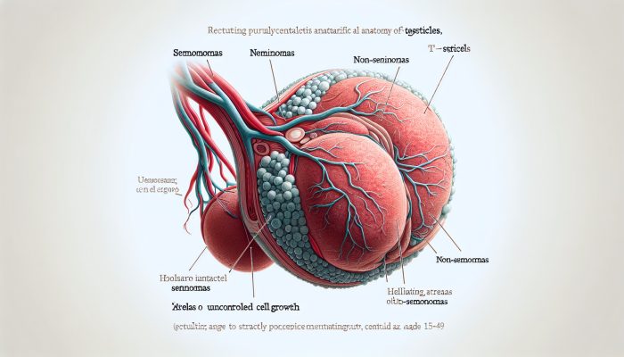 Illustration of testicles showing cell growth areas, seminomas, and non-seminomas, for young men's education.