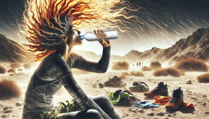 Individual consuming water in a warm, dry climate, surrounded by fitness gear, flaunting healthy, shiny hair.