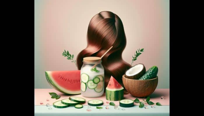 A colorful arrangement of watermelon, cucumber, and coconut water surrounding vibrant hair on a soft background.