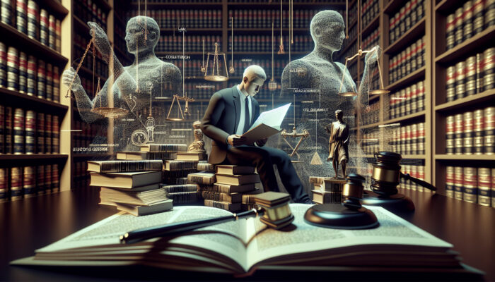 Individual in a library reviewing "Legal Considerations for Clearance" document, surrounded by law books, gavel, and scales of justice.