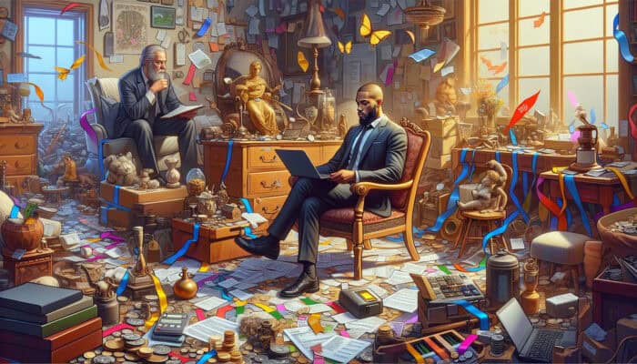 A cluttered home with items tagged for valuation, an appraiser assessing antiques, and a person calculating costs on a laptop amidst tax documents.