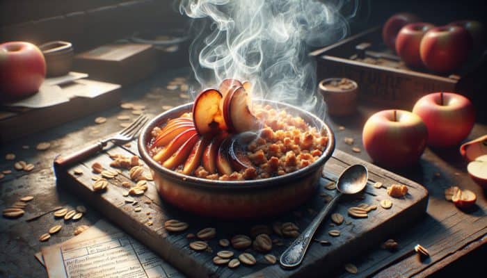 Smoked apple crisp with caramelized apples and crunchy oat topping in a rustic dish.