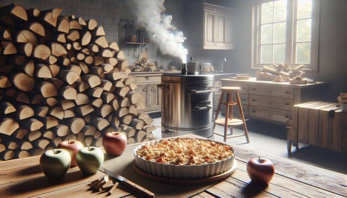 Hickory and applewood logs near a smoker, enhancing apple crisp with oat topping's flavor.