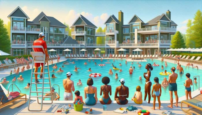 The Lake Club Benoni: Families enjoying a sunny day at The Lake Club Benoni's varied swimming pools, lifeguards ensuring safety.