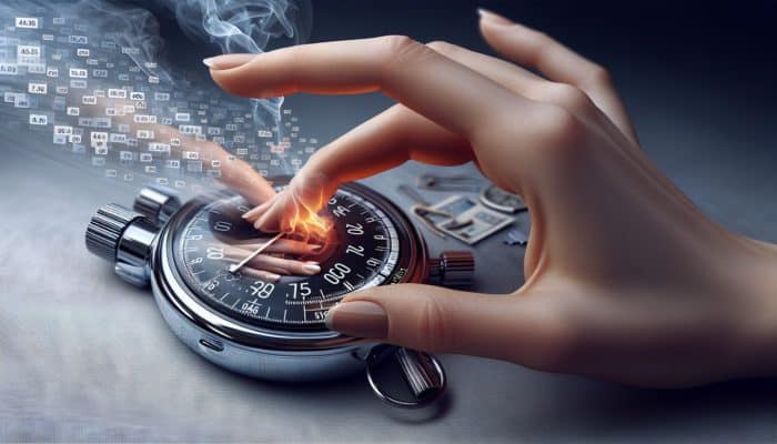 A hand adjusting the settings of a digital timer, stopwatch reading 10 minutes, with a grilling scene featuring smoke and meat.