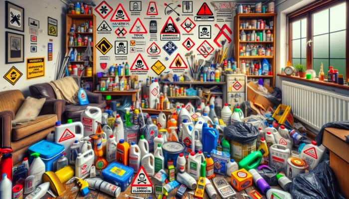 Hazardous Item Guidelines for House Clearance: UK scene depicting hazardous items like toxic chemicals, flammable substances, explosives, and household products marked with warning labels.