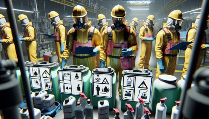 Workers in protective gear managing hazardous workplace materials following safety protocols and signage.