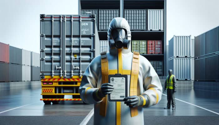 Individual in protective gear with license beside truck, managing hazardous waste safely and legally.