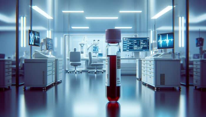 A modern lab in Newport analyzing a blood vial for health markers like glucose and cholesterol.