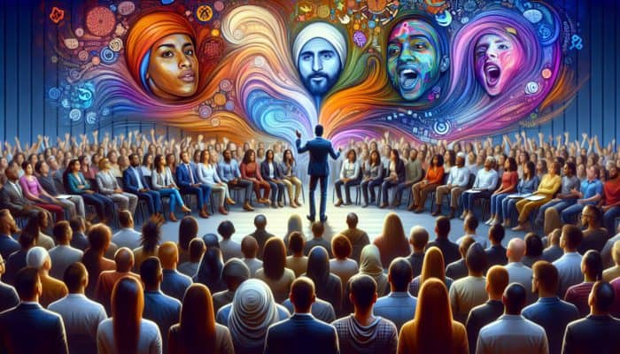 A diverse audience engrossed in a storyteller weaving a captivating narrative, surrounded by vibrant colors.