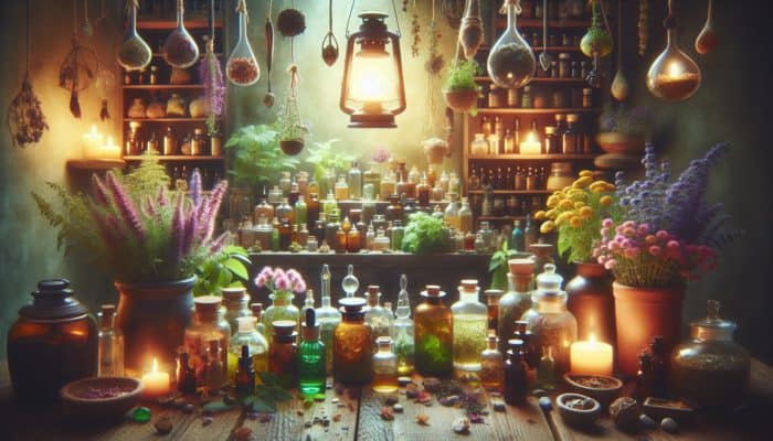 A mystical apothecary showcasing potent herbs like St. John's Wort, labeled for safety under a soft lantern glow.