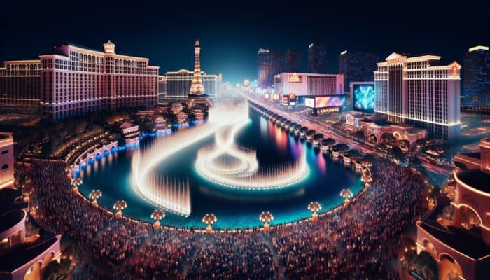 Learn how to enjoy affordable entertainment in Vegas: The Bellagio Fountains performing a breathtaking water dance at night along the Las Vegas Strip.